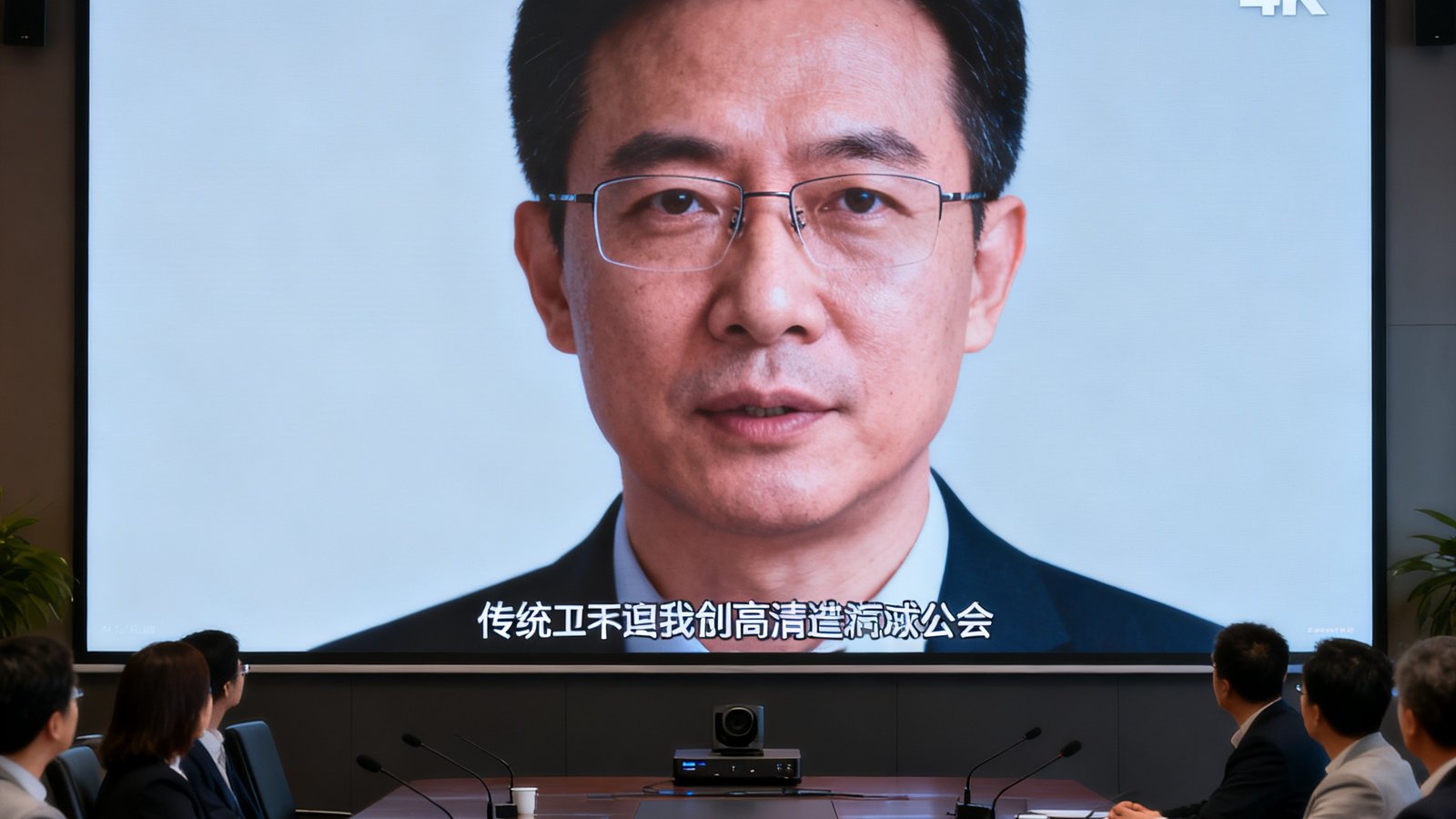 4K超高清视频会议画面展示，会议室大屏幕上呈现出细腻的人物面部细节和文档文字，与传统1080P画质形成鲜明对比，色彩还原度极高